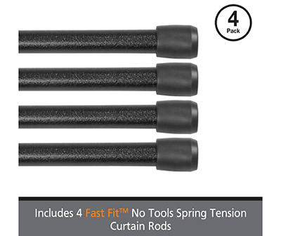 Fast Fit Black 4-Piece 7/16" Adjustable Tension Curtain Rod Set, (28"-48")