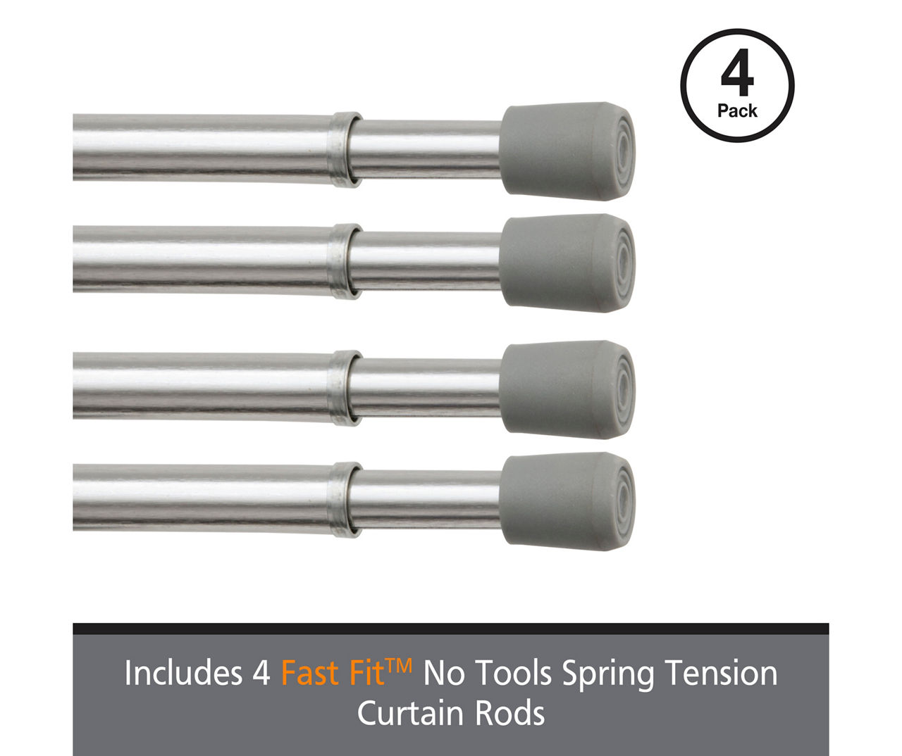 Fast Fit Chrome 4-Piece 7/16" Adjustable Tension Curtain Rod Set, (28"-48")