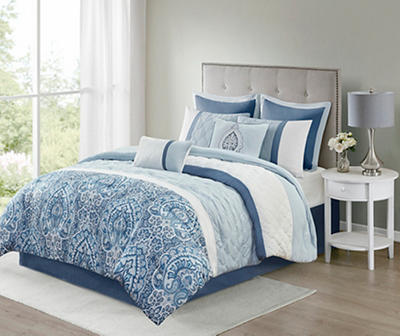 Stacie Blue Damask California King 8-Piece Comforter Set