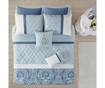 Stacie Blue Damask Queen 8-Piece Comforter Set