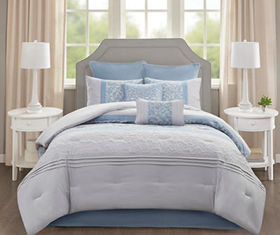 Casey Blue & White Embroidered Damask California King 8-Piece Comforter Set