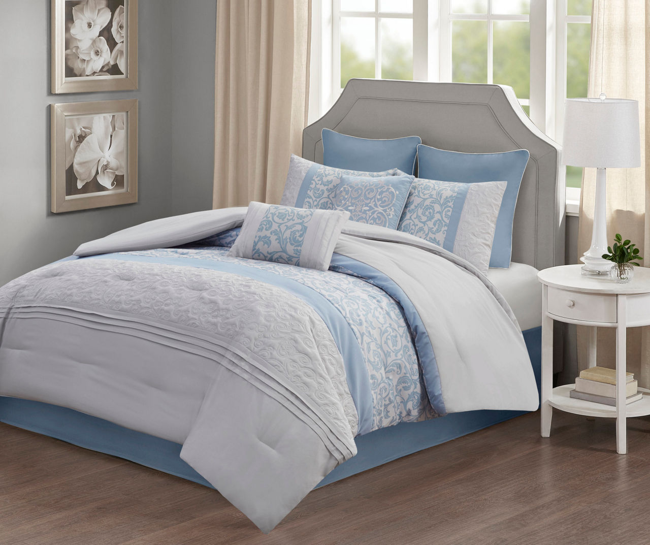 Casey Blue & White Embroidered Damask Queen 8-Piece Comforter Set