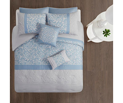 Casey Blue & White Embroidered Damask King 8-Piece Comforter Set