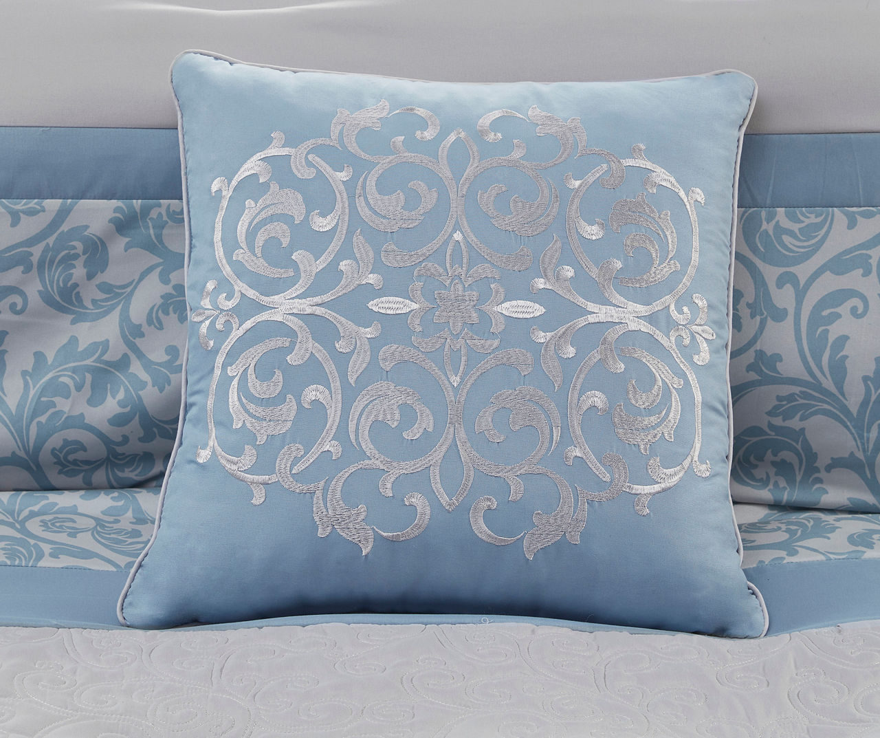 Casey Blue & White Embroidered Damask Queen 8-Piece Comforter Set