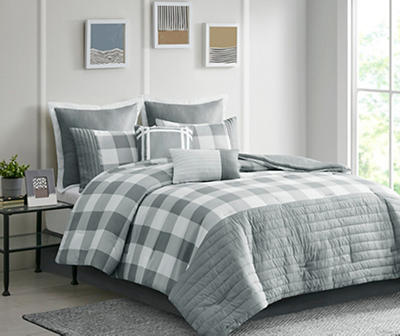 Kingston Gray & White Buffalo Check Queen 8-Piece Comforter Set