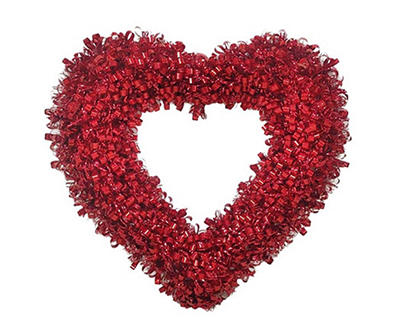 16" Red Curly Tinsel Heart Wreath