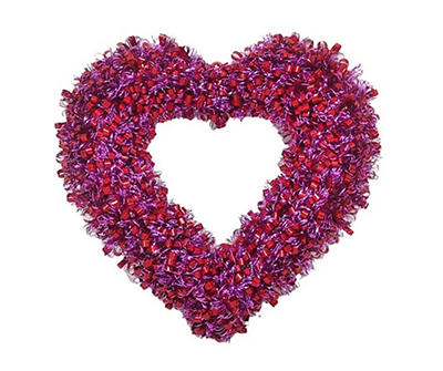16" Pink & Red Curly Tinsel Heart Wreath