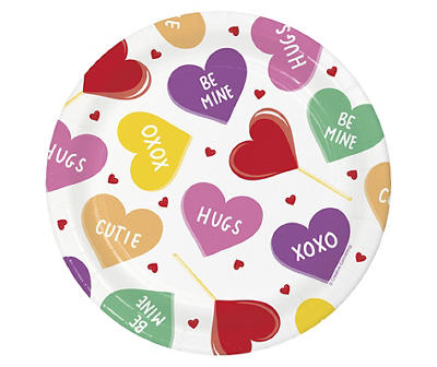 "Happy Valentine's Day!" Candy Heart & Lollipop Paper Dessert Plates, 30-Count