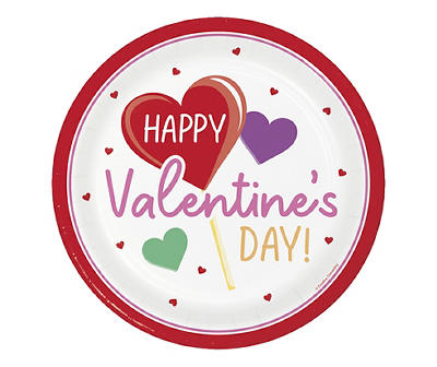 "Happy Valentine's Day" Candy Heart & Lollipop Paper Dinner Plates, 18-Count