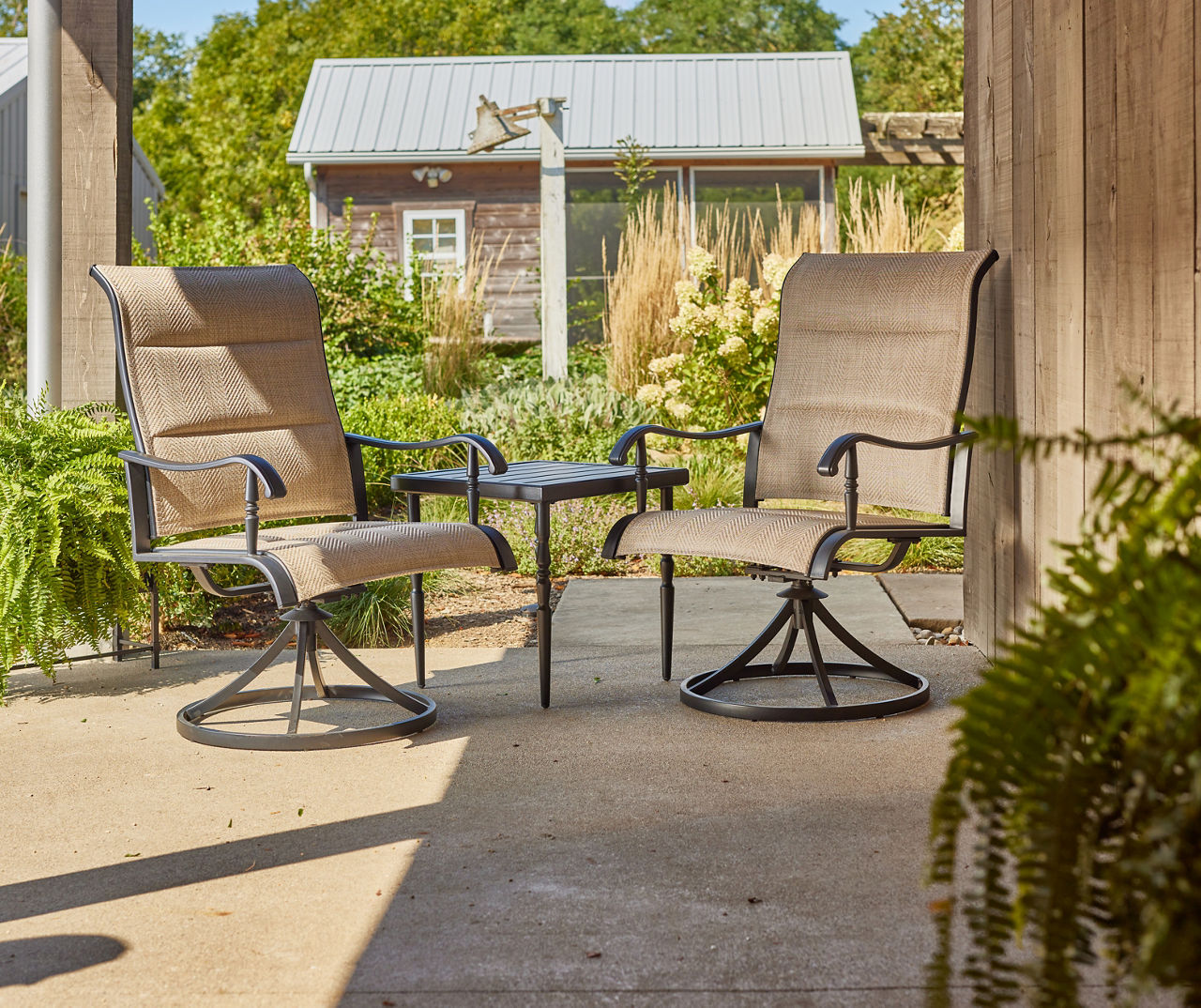 Hampton bay crestridge steel padded online sling swivel outdoor patio dining chair