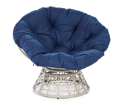 Bancroft Wicker Cushioned Swivel Patio Papasan Chair with Navy Cushion