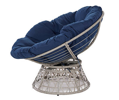 Bancroft Wicker Cushioned Swivel Patio Papasan Chair with Navy Cushion