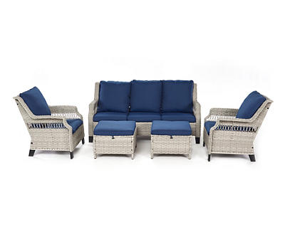 Real Living Bancroft 5-Piece Wicker Cushioned Patio Seating Set with Navy Cushions