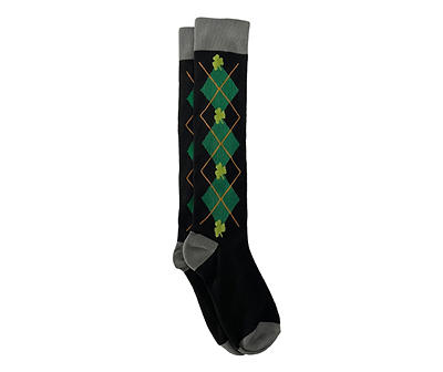 Black & Green Shamrock & Argyle High Socks