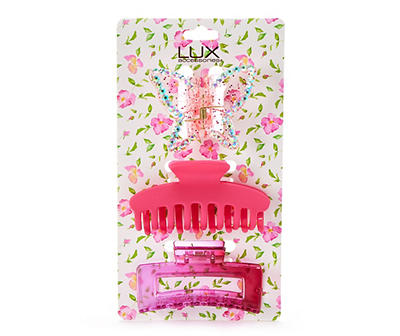 Lux Accessories Pink Butterfly & Clear 3-Piece Claw Clip Set