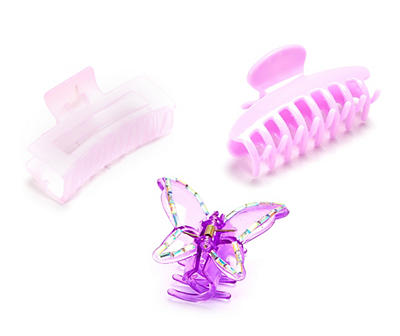 Lux Accessories Purple Butterfly & Pink 3-Piece Claw Clip Set