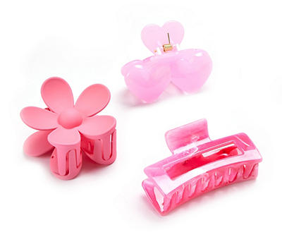 Lux Accessories Pink Hearts & Flower 3-Piece Claw Clip Set