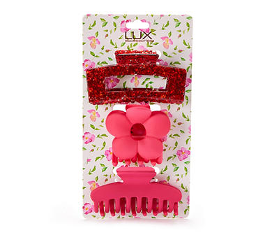 Lux Accessories Red Glitter & Flower 3-Piece Claw Clip Set