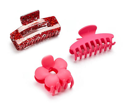 Lux Accessories Red Glitter & Flower 3-Piece Claw Clip Set