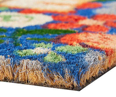 "Welcome" Blue & Red Floral Coir Doormat