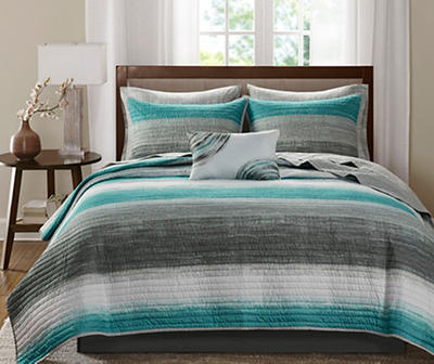 Seth Aqua & Gray Paint Stroke Queen 8-Piece Quilted Coverlet Set