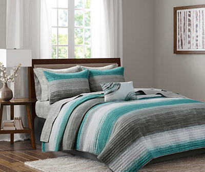 Seth Aqua & Gray Paint Stroke Queen 8-Piece Quilted Coverlet Set