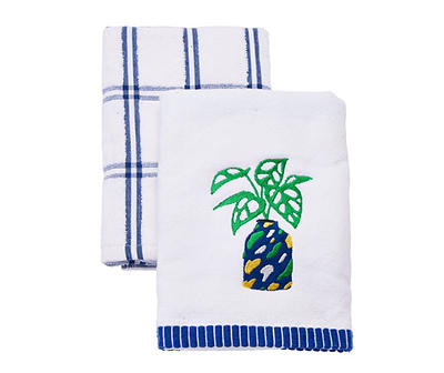 Simply Bold Bright White & Blue Monstera 2-Piece Hand Towel Set