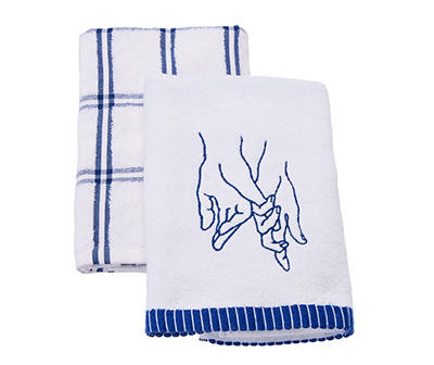 Simply Bold Bright White & Blue Holding Hands 2-Piece Hand Towel Set