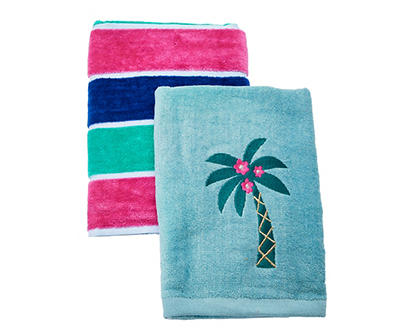 Tropicoastal Stillwater Blue Palm Tree & Stripe 2-Piece Hand Towel Set