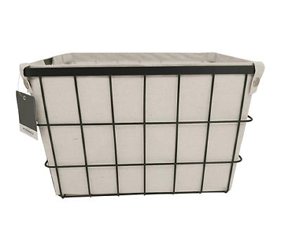 Large Black & Beige Fabric-Lined Metal Storage Basket
