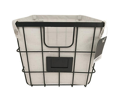 Medium Black & Beige Fabric-Lined Metal Storage Basket