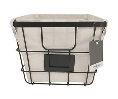 Small Black & Beige Fabric-Lined Metal Storage Basket