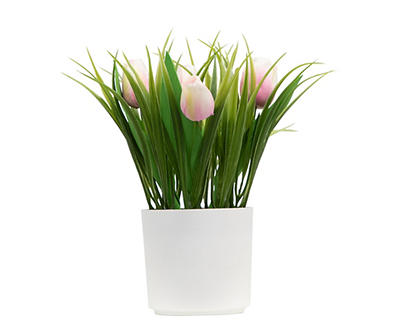 Artificial Pink Tulips in White Plastic Planter
