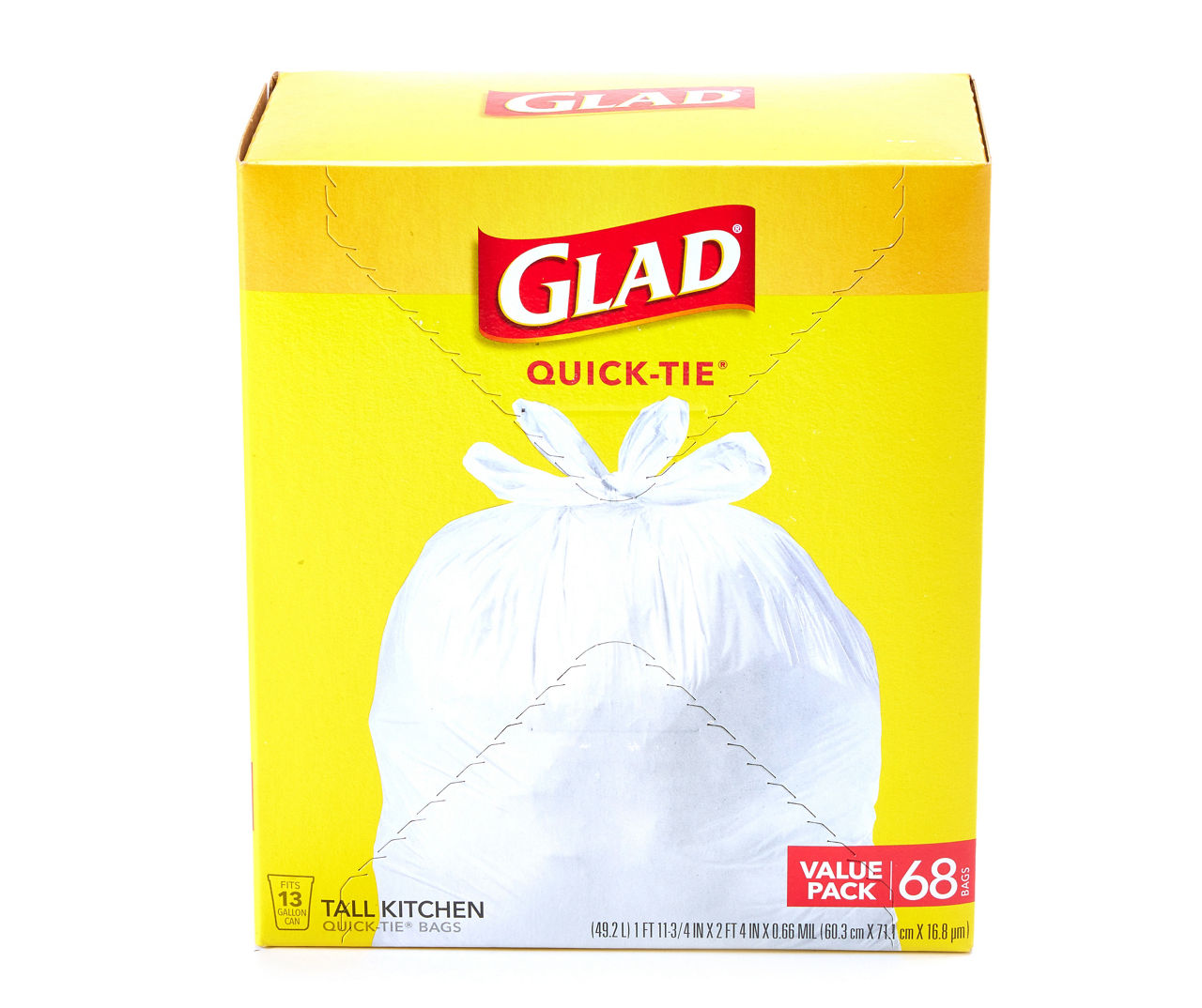 Glad Quick-Tie 13-Gallon Tall Kitchen Trash Bags, 68-Count