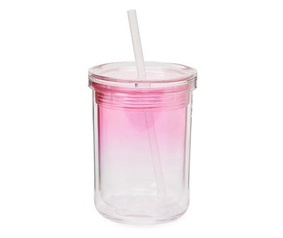 Pink Ombre Plastic Tumbler with Straw, 13 Oz.
