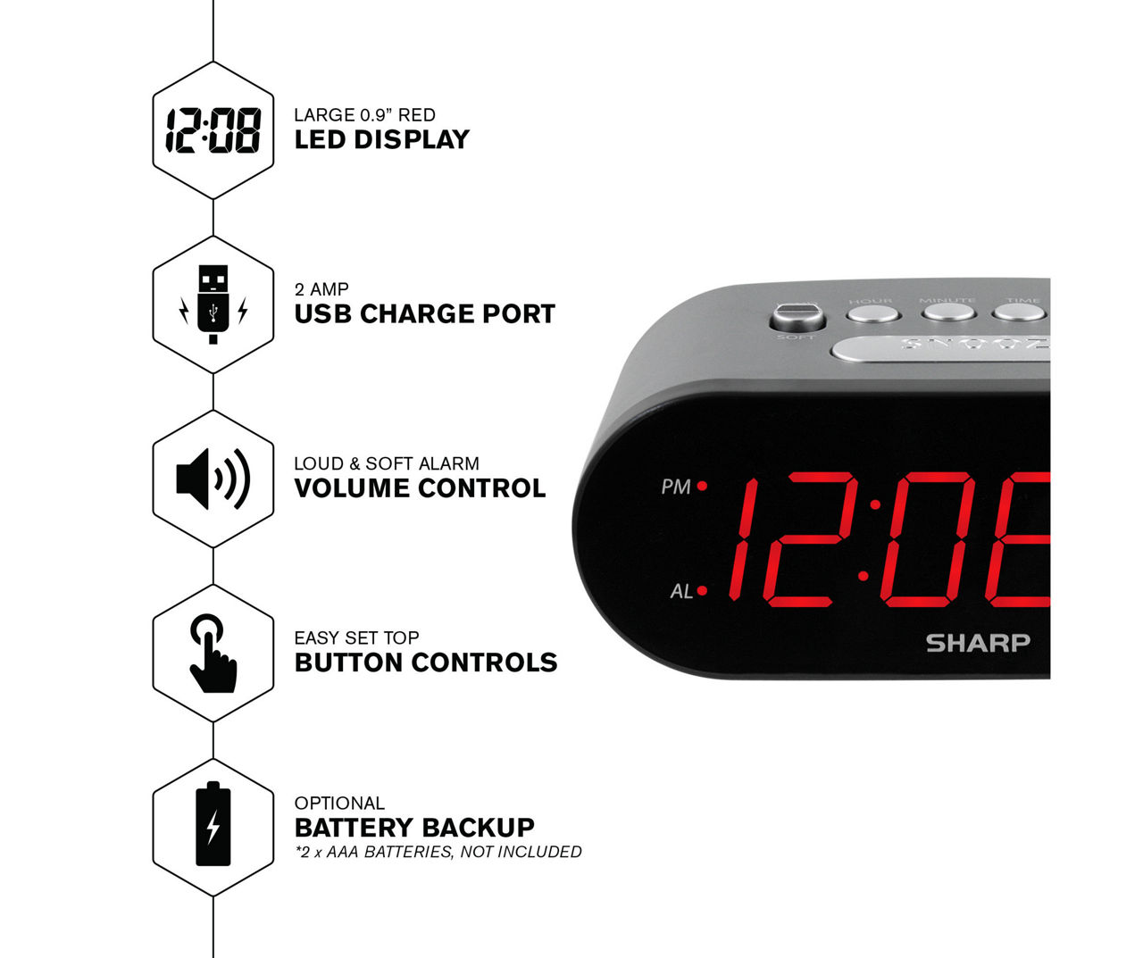 Black Digital Alarm Clock with USB Charge Port