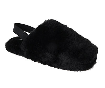 Women's X-Small Black Faux Fur Heel-Strap Slippers