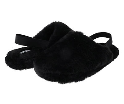 Women's M Black Faux Fur Heel-Strap Slippers