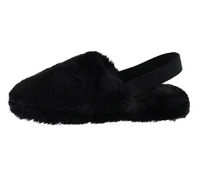 Women's M Black Faux Fur Heel-Strap Slippers
