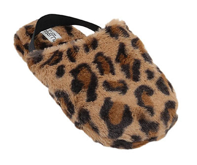 Women's X-Large Tan Leopard Print Faux Fur Heel-Strap Slippers