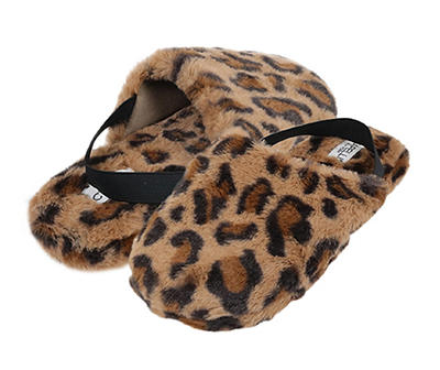 Women's L Tan Leopard Print Faux Fur Heel-Strap Slippers