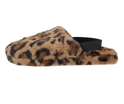 Women's L Tan Leopard Print Faux Fur Heel-Strap Slippers