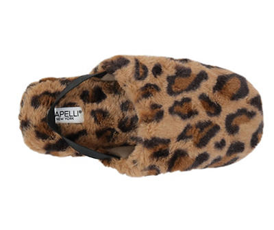 Women's X-Small Tan Leopard Print Faux Fur Heel-Strap Slippers