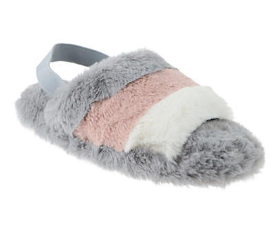 Women's L Gray & Pink Color Block Faux Fur Heel-Strap Slippers