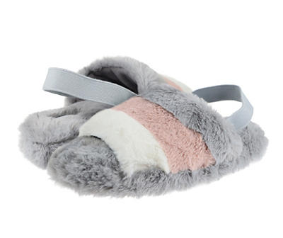 Women's L Gray & Pink Color Block Faux Fur Heel-Strap Slippers