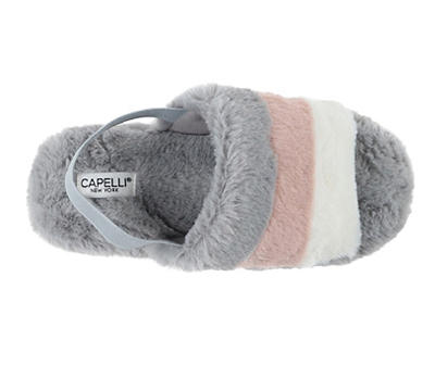 Women's X-Large Gray & Pink Color Block Faux Fur Heel-Strap Slippers