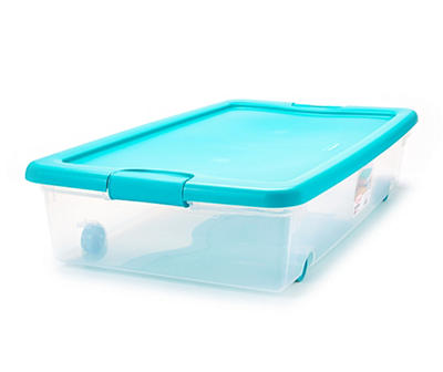 56-Qt. Teal & Clear Wheeled Latch Storage Tote With Lid