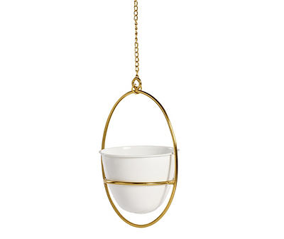 8" White Metal Pot with Gold Hanging Holder