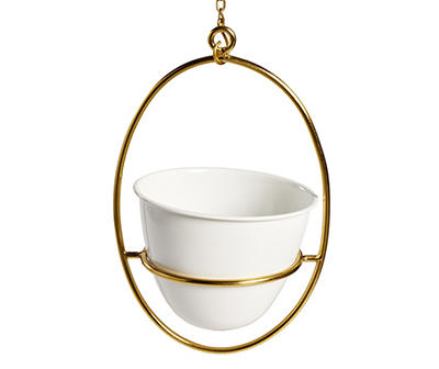 8" White Metal Pot with Gold Hanging Holder