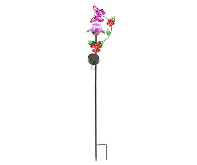 34" Flower, Butterfly & Crackle Ball LED Solar Yard Stake